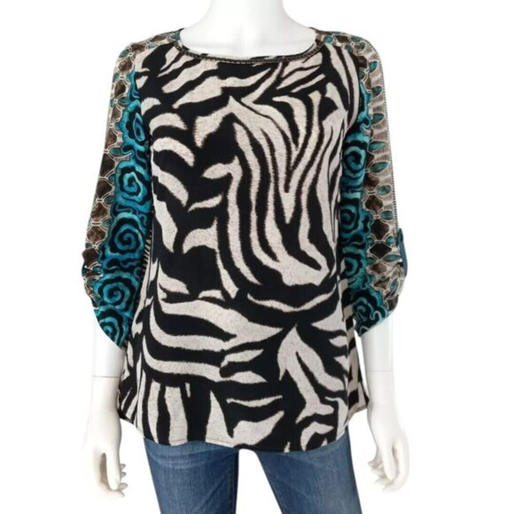 Vtg Alberto Makali Y2K Top sz S Mocha Silk Animal Print Paisley Jewel Suede Tabs